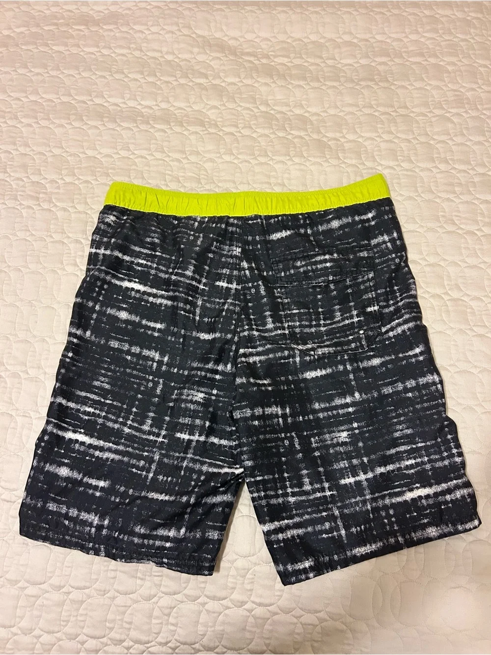 Men's Black Patterned Swim Board Shorts with Neon Yellow Waist